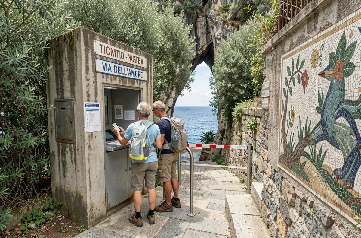Couple présentant une réservation numérique à l'entrée de la Via dell'Amore à Riomaggiore pour accéder au sentier côtier