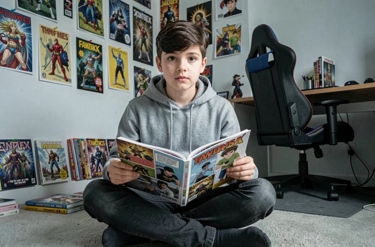 Adolescent découvrant un manga dans sa chambre, représentant un lecteur débutant explorant l'univers de Zinchan