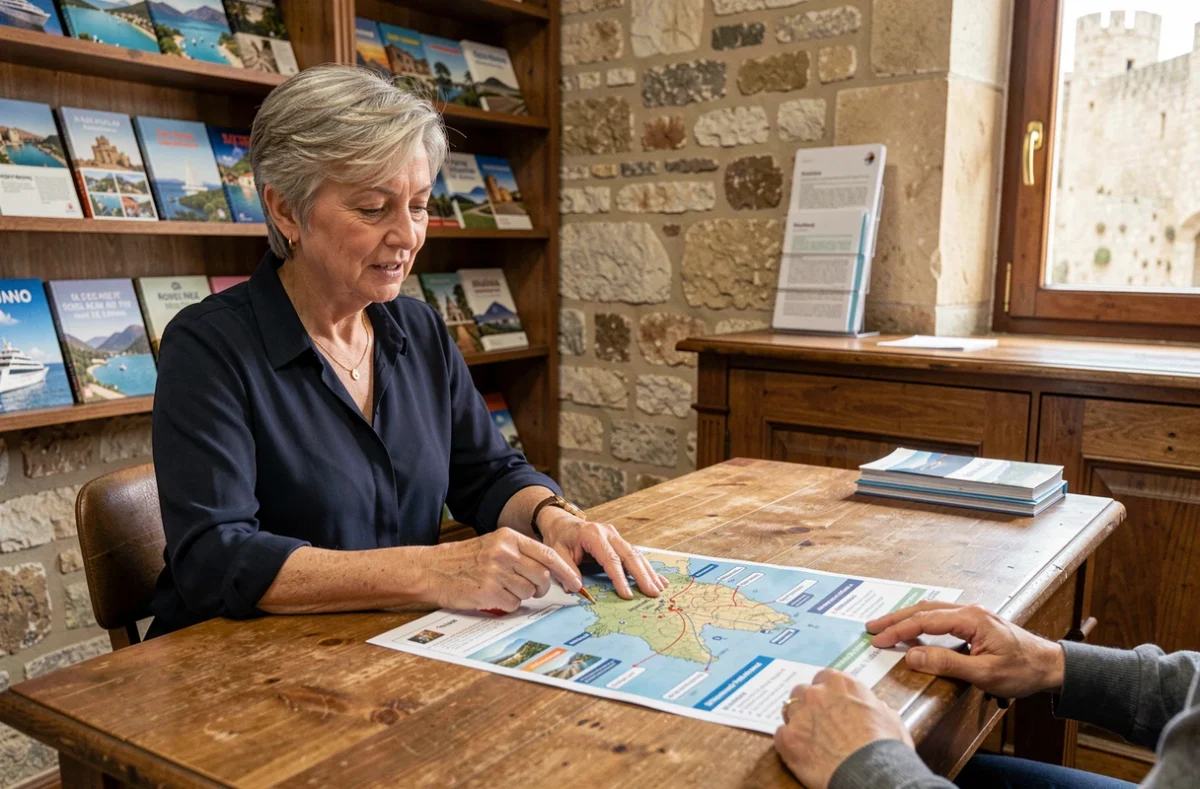 Agente de voyage conseillant une cliente sur des croisières au départ d'Aigues-Mortes dans une agence locale