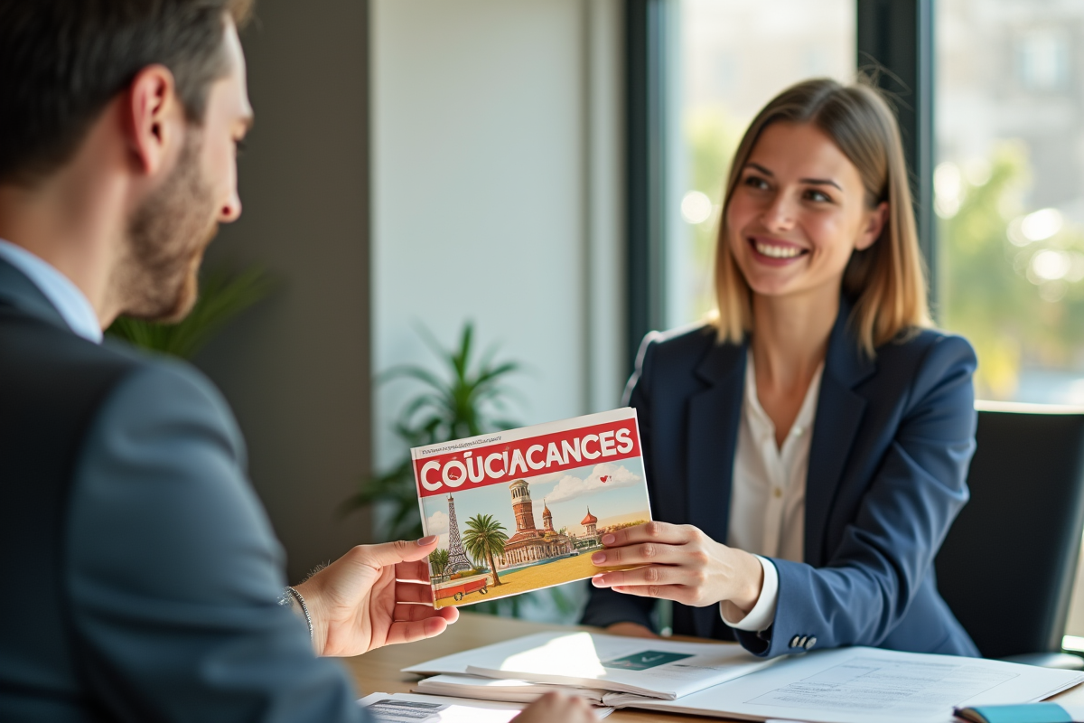 Agent de voyage souriant remettant un chèque vacances à un professionnel