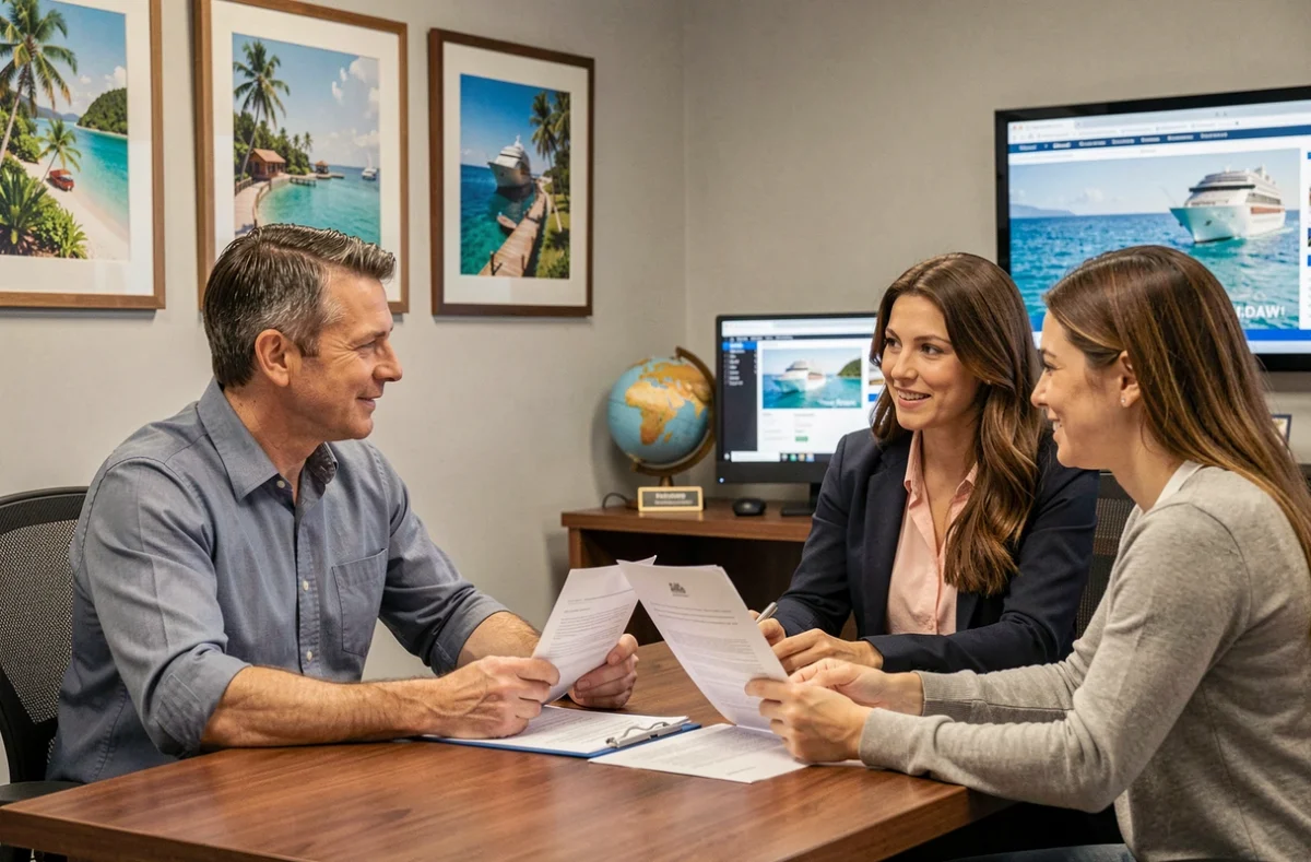 Agent de voyage conseillant des clients pour réserver une croisière vers les Antilles françaises dans une agence