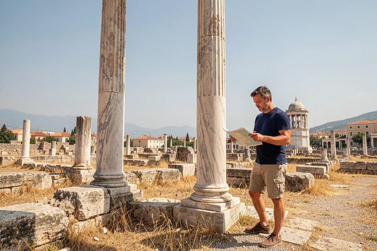 Ruines de l'Agora romaine dans le quartier Plaka à Athènes avec la Tour des Vents visible