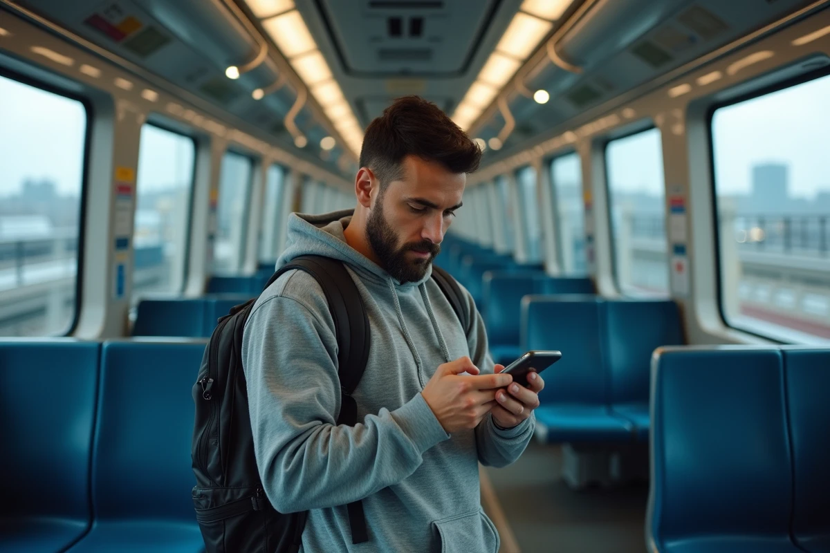 Homme comparant les prix de transport sur smartphone dans l'AirTrain de l'aéroport JFK à New York
