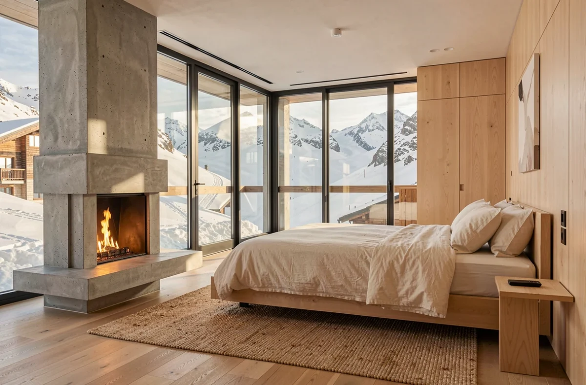 Suite épurée de l'Aman Le Mélézin à Courchevel avec vue sur les pistes enneigées et cheminée contemporaine