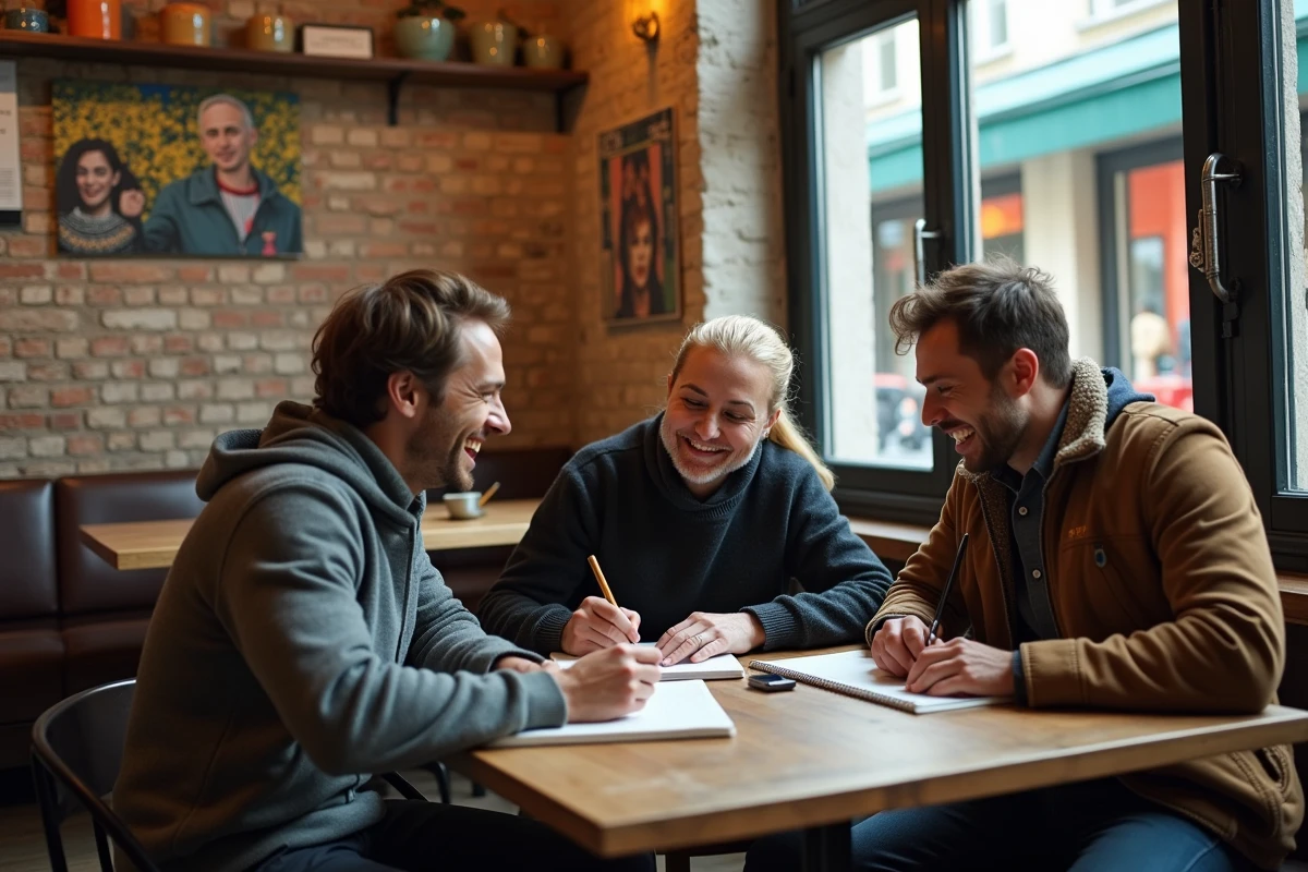 Trois amis discutant dans un café artistique de Kreuzberg