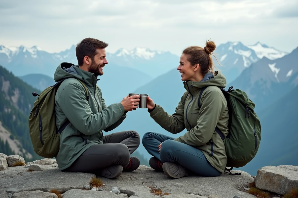 Deux amis trinquant au sommet d'une montagne alpine lors d'une randonnée de vacances