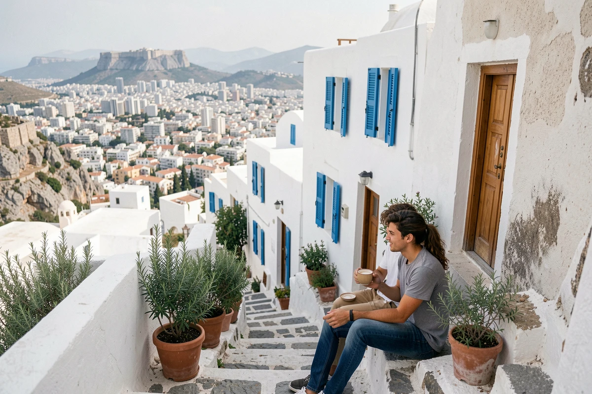 Vue panoramique du quartier Anafiotika à Plaka avec maisons blanches cycladiques et l'Acropole en surplomb