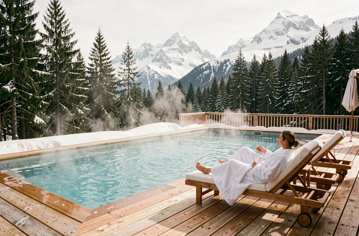 Terrasse de spa extérieure de l'Armancette à Saint-Gervais-les-Bains avec piscine chauffée et vue sur le massif du Mont-Blanc