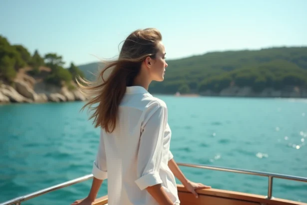 Femme à la proue d'un ferry approchant l'île de Porquerolles par la mer Méditerranée turquoise