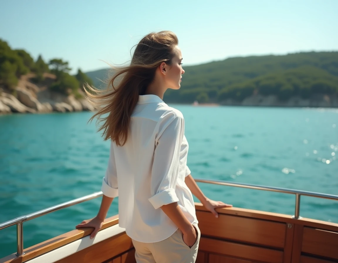 Femme à la proue d'un ferry approchant l'île de Porquerolles par la mer Méditerranée turquoise