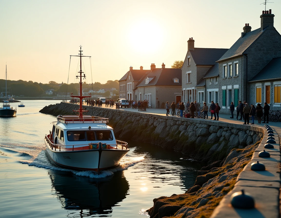 Débarquement de passagers au port de Groix en soirée, ferry amarré au quai de Port-Tudy avec le village en arrière-plan