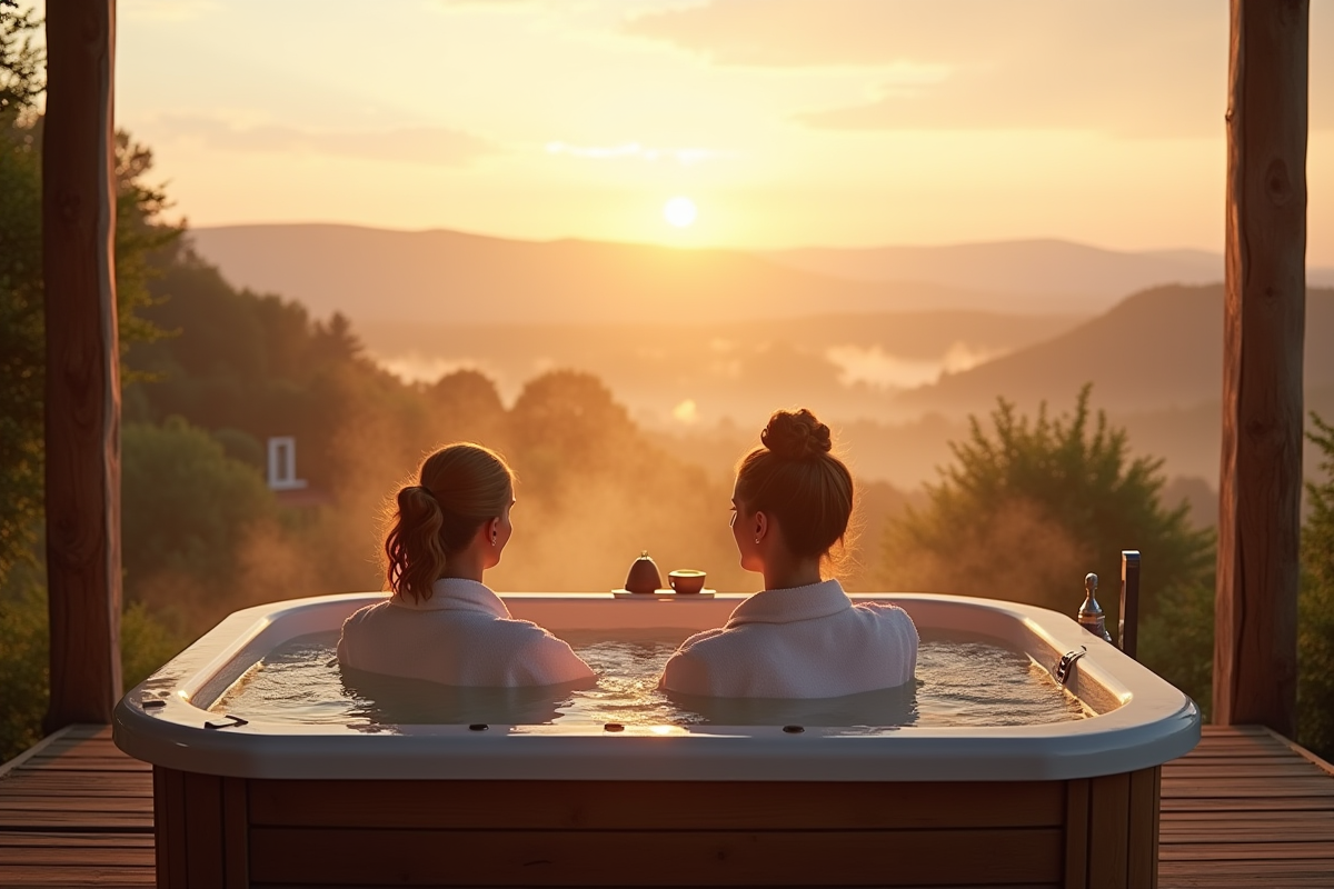 Bain extérieur au lever du soleil avec deux personnes en peignoirs
