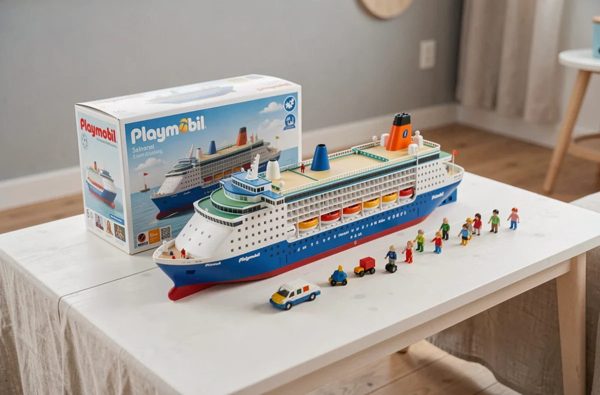 Bateau de croisière Playmobil posé sur une table en bois blanc avec sa boîte d'origine et ses accessoires