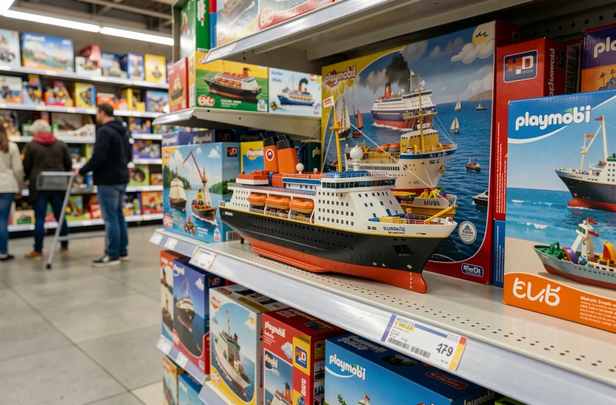 Bateau de croisière Playmobil en rayon dans un magasin de jouets avec étiquette de prix visible