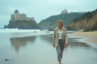 Femme se promenant sur la plage de Biarritz à marée basse, sable mouillé et rochers découverts au premier plan, casino en arrière-plan