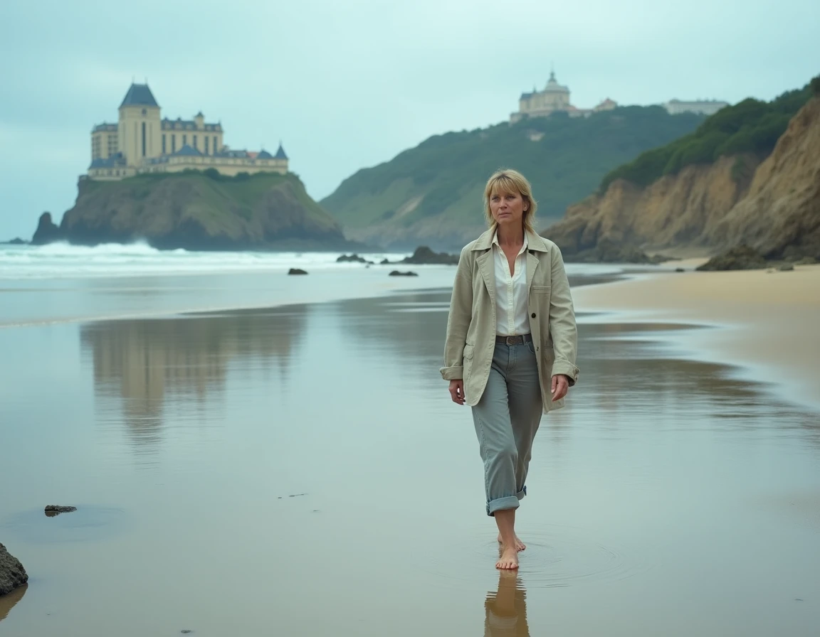 Femme se promenant sur la plage de Biarritz à marée basse, sable mouillé et rochers découverts au premier plan, casino en arrière-plan
