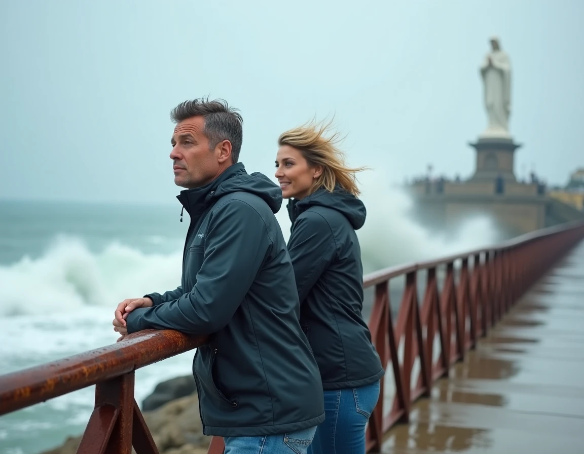 Couple observant les vagues puissantes à marée haute depuis le pont du Rocher de la Vierge à Biarritz, embruns et mer agitée