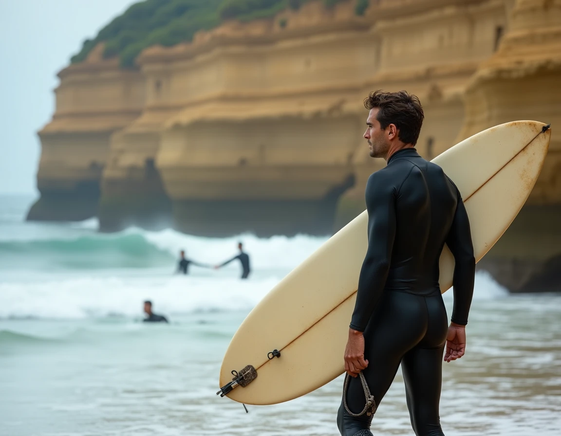 Surfeur en combinaison néoprène tenant une planche de longboard à la Côte des Basques à Biarritz, falaises calcaires et vagues en arrière-plan