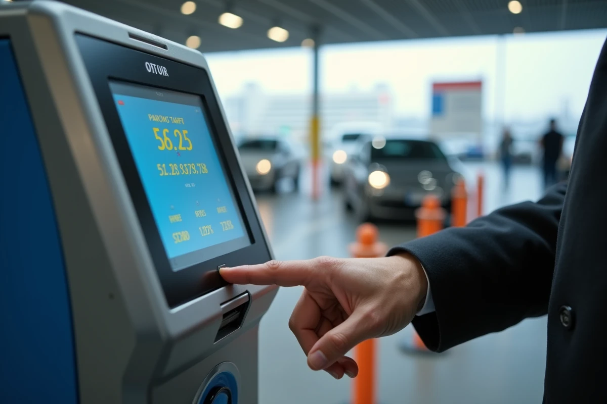 Main appuyant sur la borne tarifaire du parking P5 à l'aéroport Toulouse-Blagnac