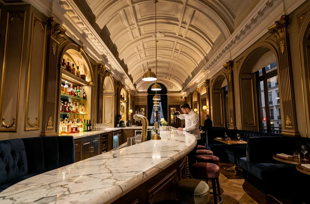 Bar et salon luxueux du Boscolo Lyon Hotel & Spa avec décor Belle Époque, plafonds ornementés et bar en marbre