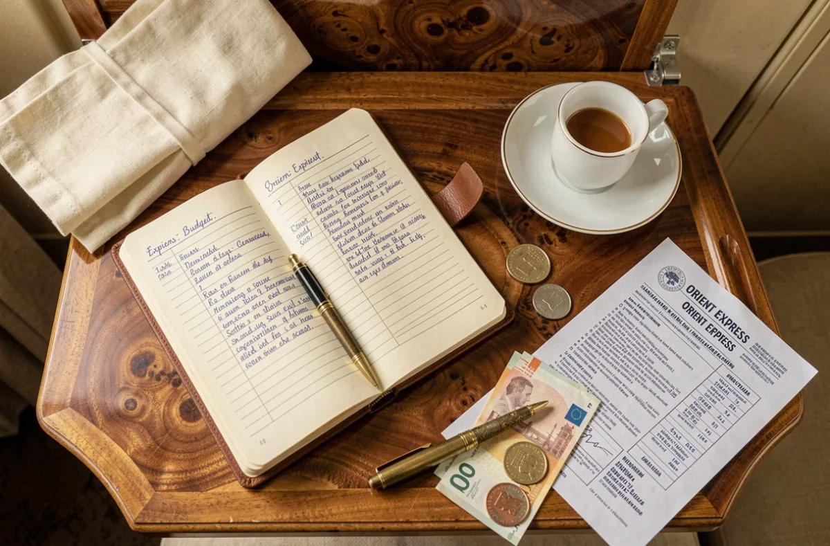 Vue aérienne d'un journal de voyage avec notes de budget et billets en euros sur la tablette d'un compartiment Orient Express