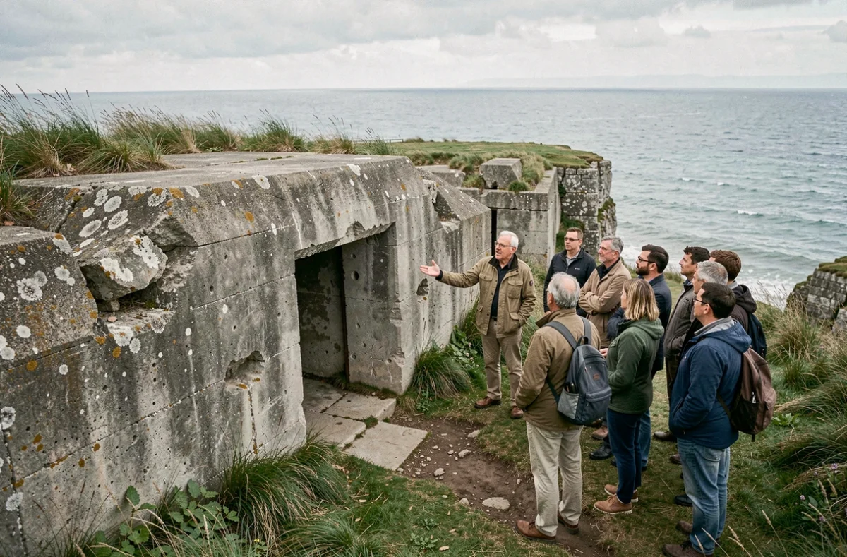 Guide historique expliquant les bunkers allemands à Pointe du Hoc sur les falaises normandes, site du débarquement