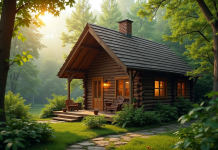 Cabane en bois dans la forêt au matin avec terrasse et café