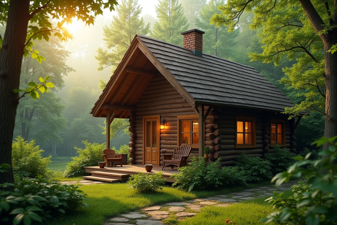 cabane-en-bois-foret-matin Cabane en bois dans la forêt au matin avec terrasse et café