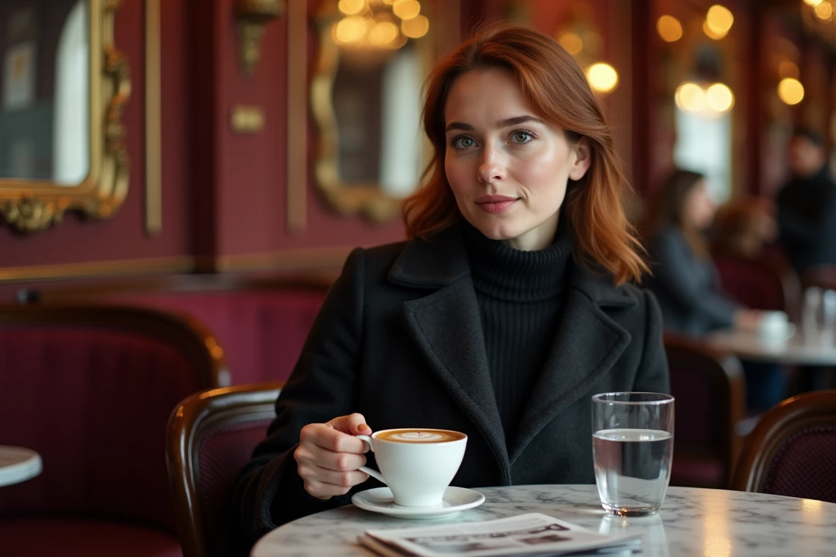 Femme savourant un café Melange dans un café viennois traditionnel au décor baroque avec miroirs dorés et tables en marbre