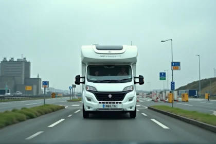 Camping-car blanc approchant du terminal Eurotunnel à Folkestone pour embarquer dans le tunnel sous la Manche
