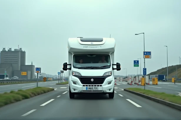 Camping-car blanc approchant du terminal Eurotunnel à Folkestone pour embarquer dans le tunnel sous la Manche