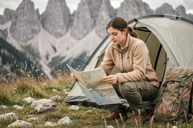 Jeune femme campant en montagne italienne consulte une carte topographique devant sa tente dans un pré alpin