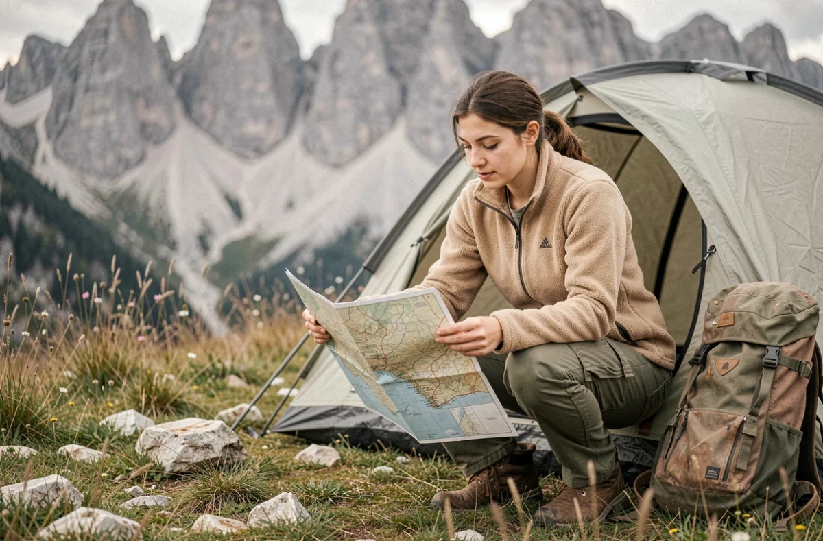 Jeune femme campant en montagne italienne consulte une carte topographique devant sa tente dans un pré alpin
