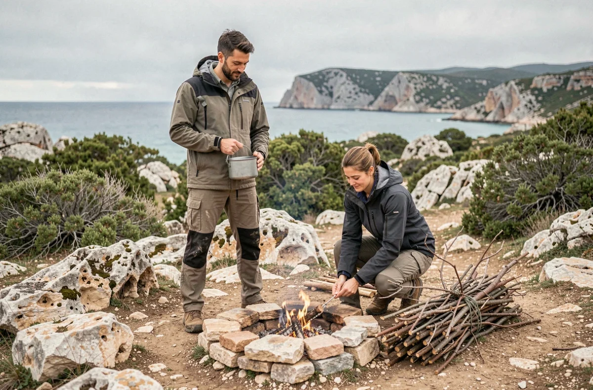 Deux campeurs préparent un repas autour d'un feu de camp artisanal sur le littoral rocheux de Sardaigne en Italie