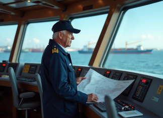 Routes maritimes : quelles sont les trois grandes voies à connaître ? Capitaine de navire en uniforme sur le pont du cargo
