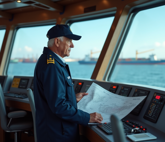 Routes maritimes : quelles sont les trois grandes voies à connaître ? Capitaine de navire en uniforme sur le pont du cargo