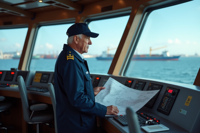 capitaine-bateau-bridge Capitaine de navire en uniforme sur le pont du cargo