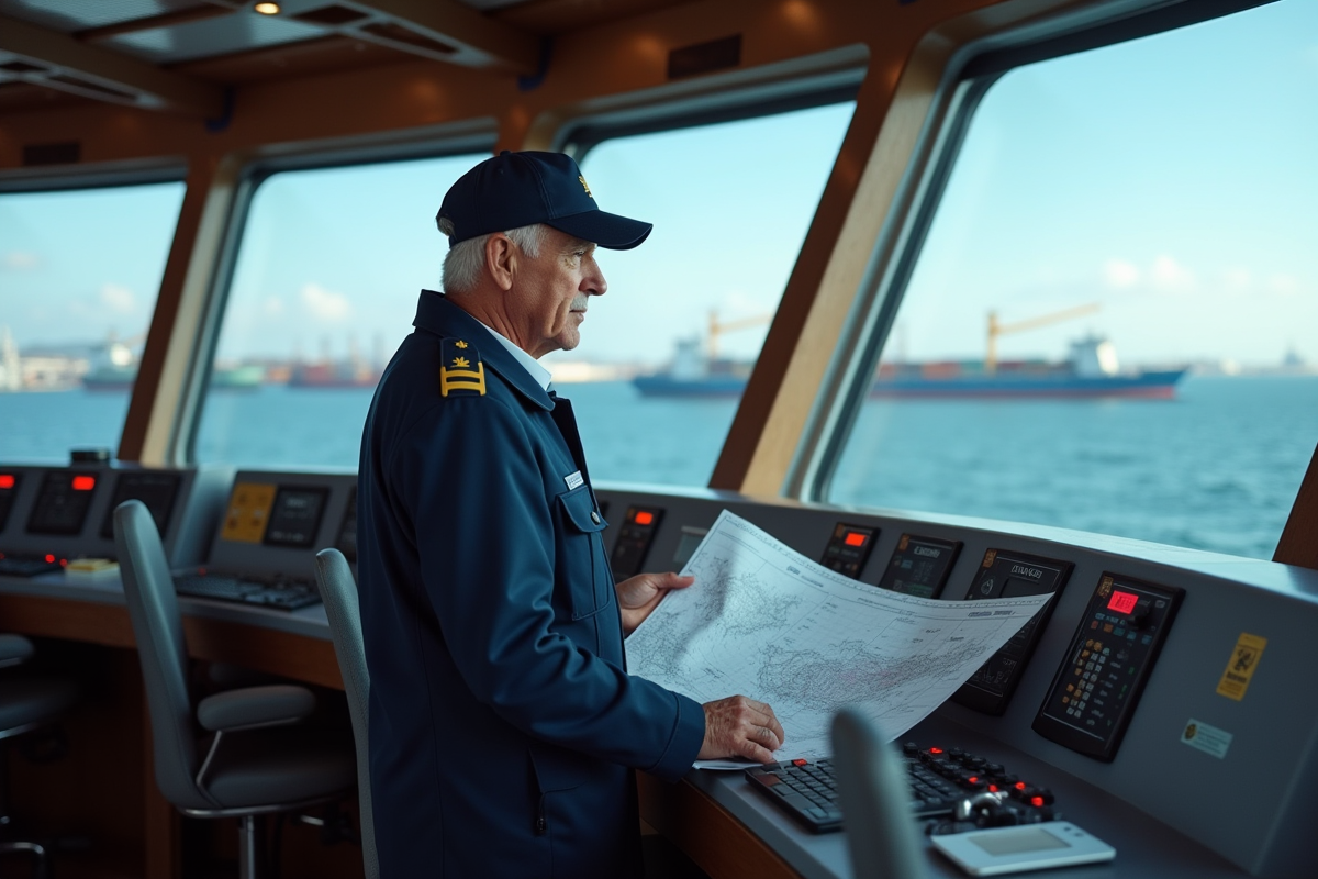 Capitaine de navire en uniforme sur le pont du cargo