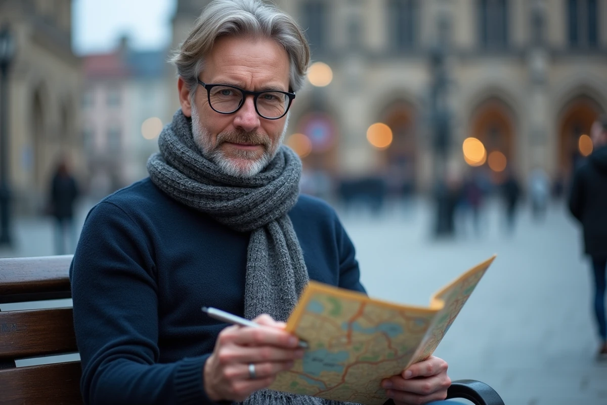 Nouvel habitant planifiant son trajet avec une carte de l'Allemagne en français dans une place publique allemande