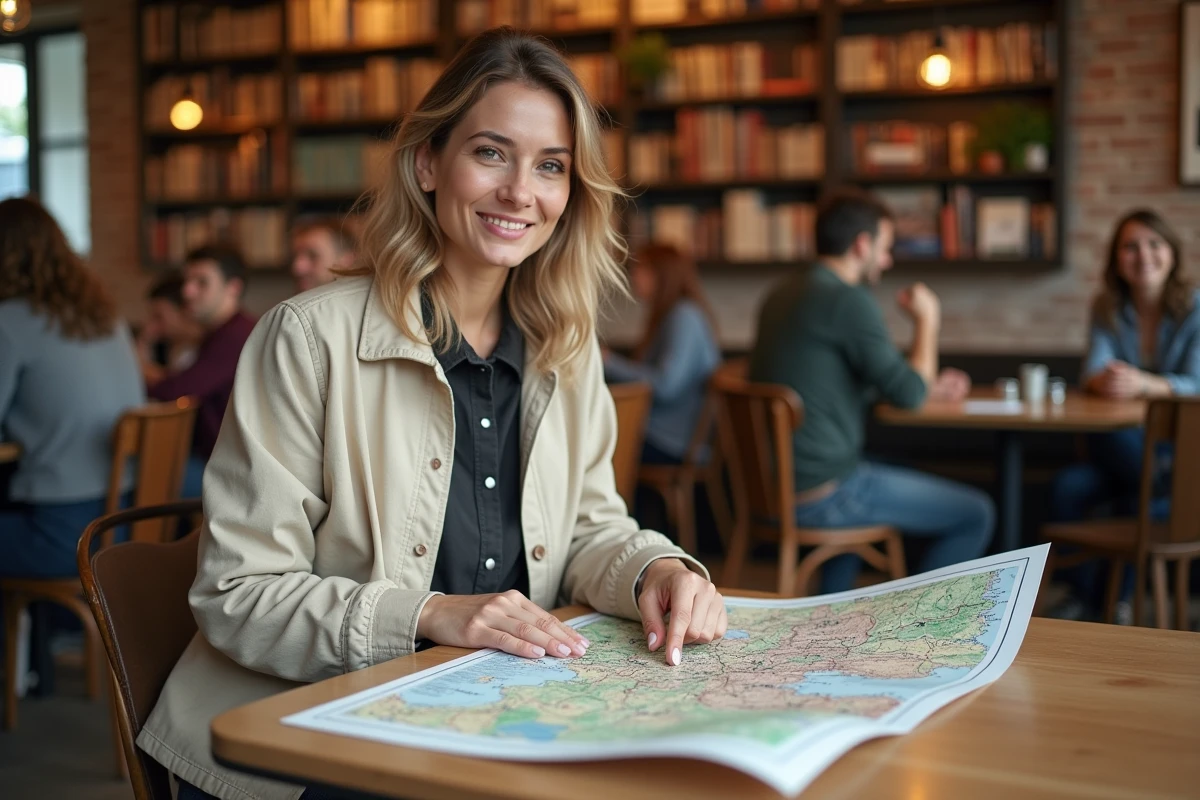 Touriste consultant une carte de l'Allemagne en français dans un café européen