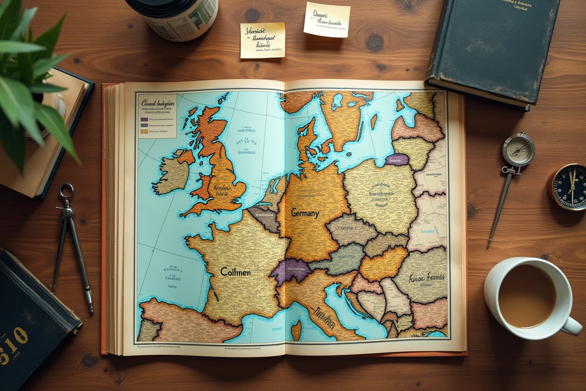 Vue aérienne d'une carte de l'Allemagne en français posée sur un bureau avec des accessoires de voyage