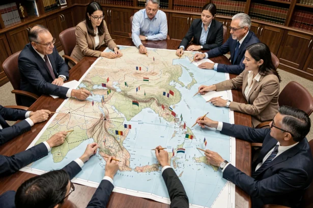 Table de conférence diplomatique avec cartes géopolitiques de l'Asie et territoires contestés marqués de drapeaux colorés