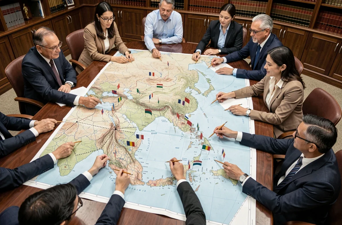 Table de conférence diplomatique avec cartes géopolitiques de l'Asie et territoires contestés marqués de drapeaux colorés