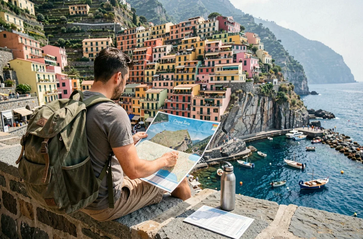 Voyageur consultant une carte touristique des Cinque Terre assis sur un muret avec vue sur le village de Manarola