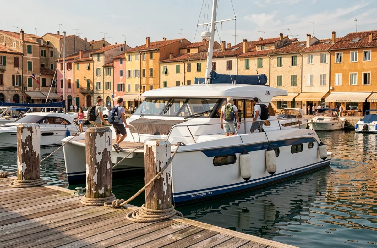 Catamaran de passagers à quai dans le port de Toulon avant la traversée vers Porquerolles