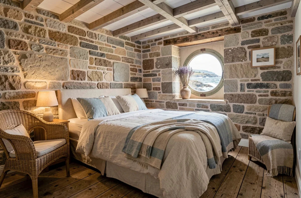 Chambre d'hôtel de charme en pierre bretonne avec vue sur la mer par un hublot et décoration marine authentique