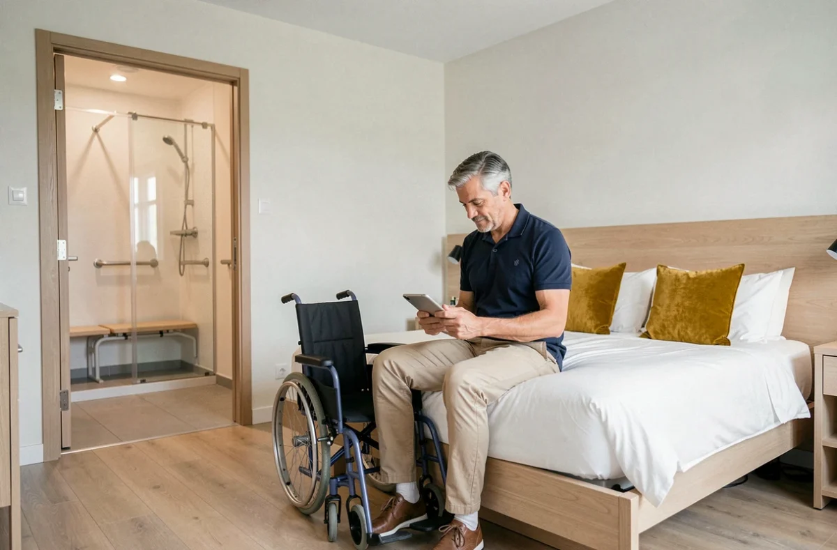 Chambre d'hôtel PMR accessible à Dijon avec douche à l'italienne et fauteuil roulant plié à côté du lit