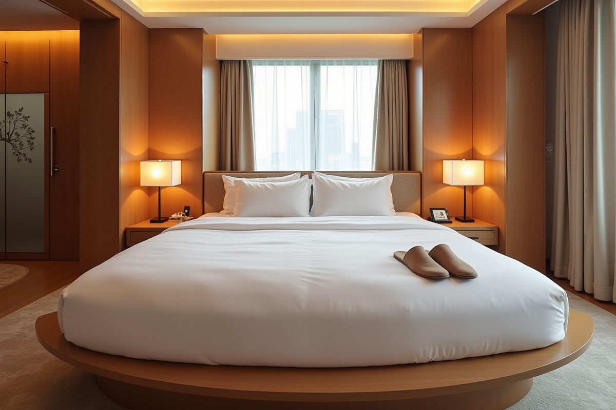 Chambre d hotel avec lit rond et décoration romantique