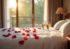 Chambre romantique chaleureuse avec pétales et champagne