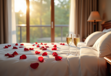Chambre romantique chaleureuse avec pétales et champagne